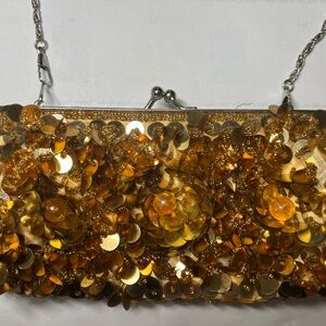 Adorable Gold Sequin Clutch Bag w/ Long Removable Crossbody Chain
